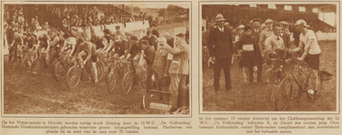 873657 Collage van 2 foto's betreffende de nationale grasbaanwedstrijden, georganiseerd door de Utrechtsche Wielerclub ...